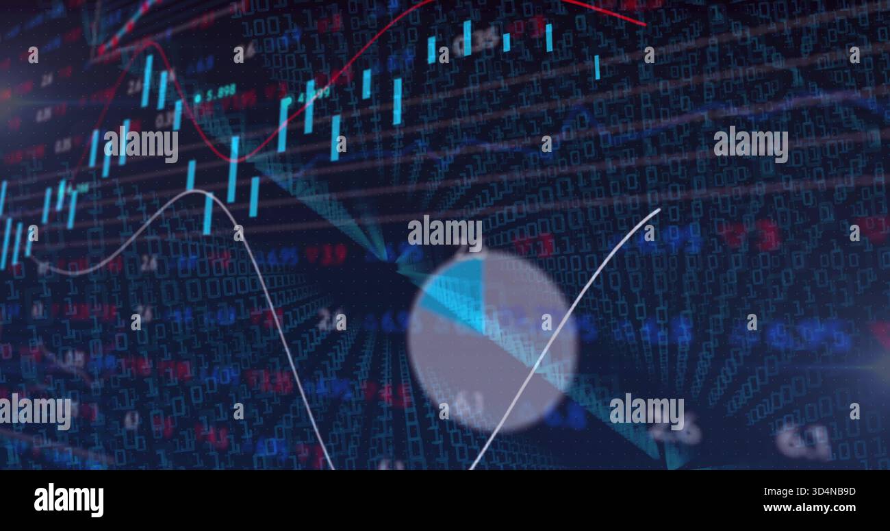 Displaying layered market screen showing candlesticks, line-graphs, ticks, binary-grid, donut Stock Photo