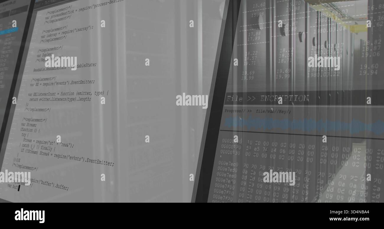 Displaying monitors showing source code, FileENCRYPTION progressbar and hex dump at server racks Stock Photo