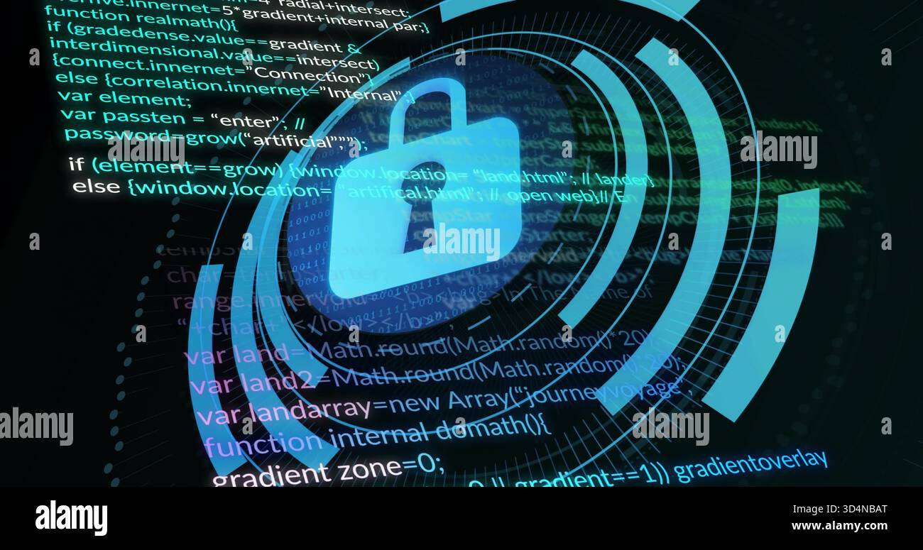 Glowing blue padlock icon anchoring security interface, featuring concentric rings, code and binary Stock Photo