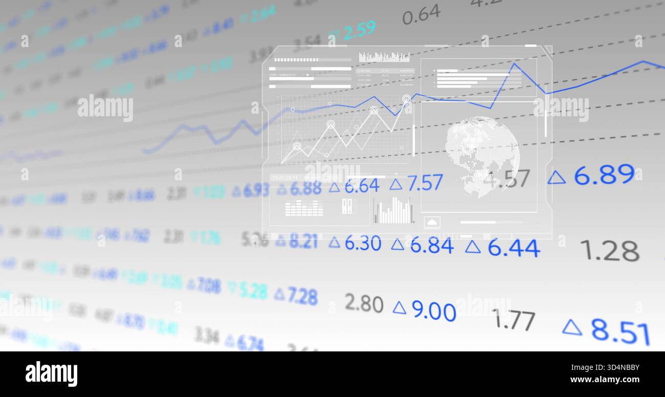 Displaying translucent panel in virtual workspace, showing blue line chart, globe icon, copy space Stock Photo