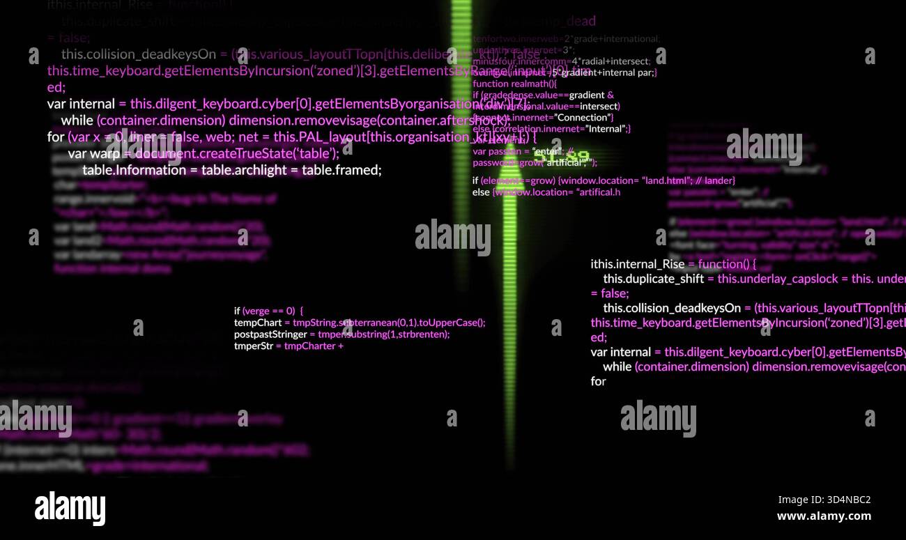 Displaying narrow neon-green column glowing in digital display, with JavaScript-like code fragments Stock Photo