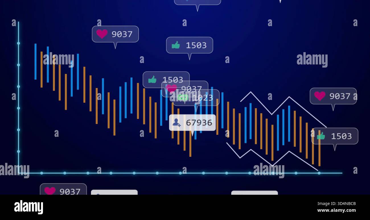 Displaying data dashboard on dark-blue panel, showing orange and blue bars, white zigzag, tooltips Stock Photo