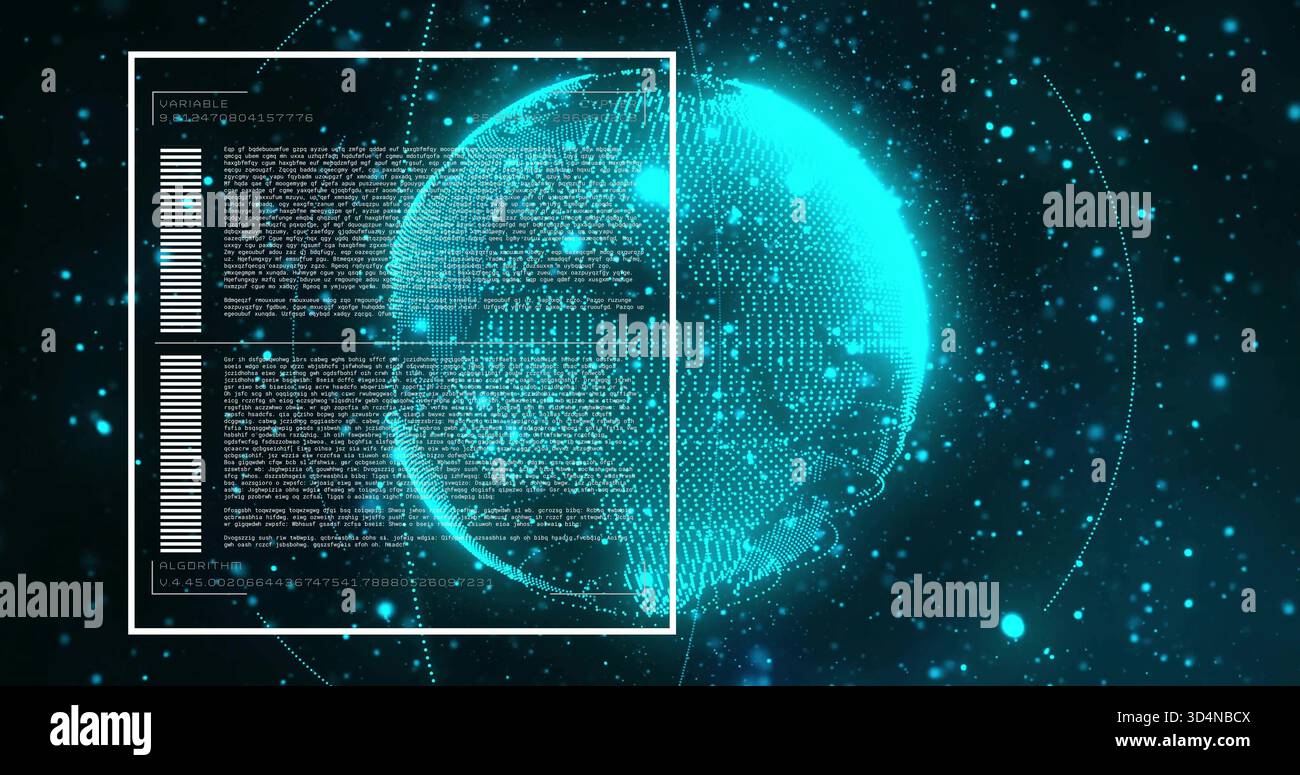 Displaying holographic point-cloud globe rotating in virtual 3D interface, with HUD panel Stock Photo