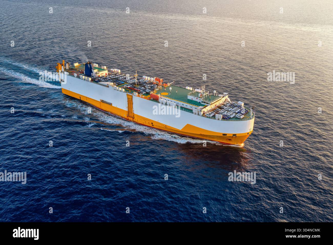 Aerial view of a RORO car and vehicle transporter ship sailing