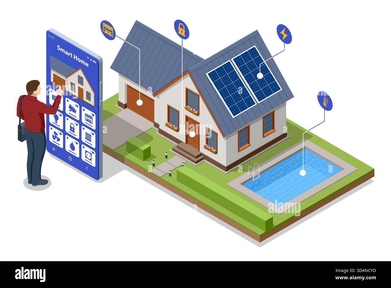 Isometric illustration of a smart home with solar panels, modern living room, and man controlling systems via smartphone. Concept of energy efficiency Stock Vector
