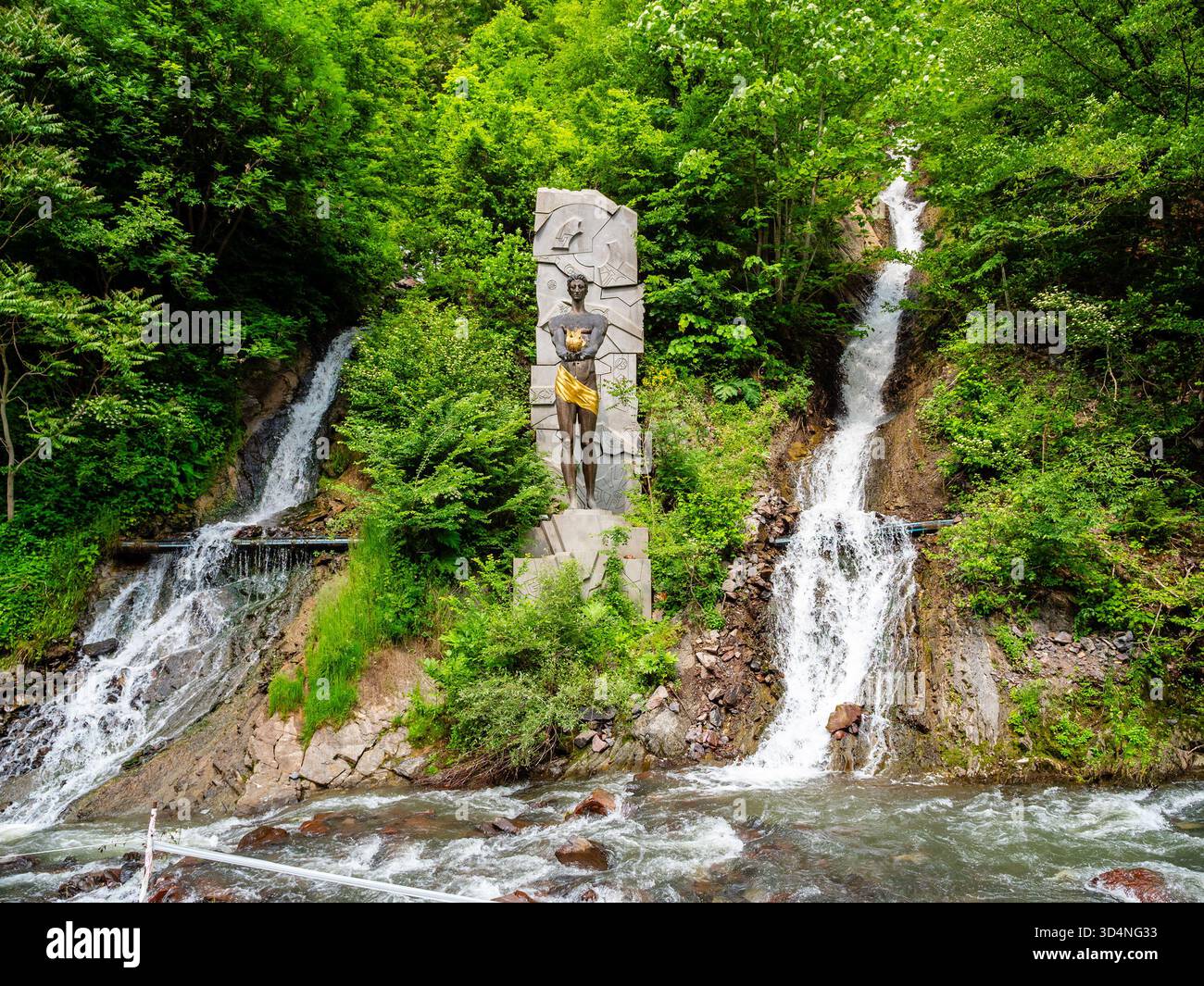 Borjomi, Georgia - June 6, 2025: Statue of Prometheus and waterfall ...