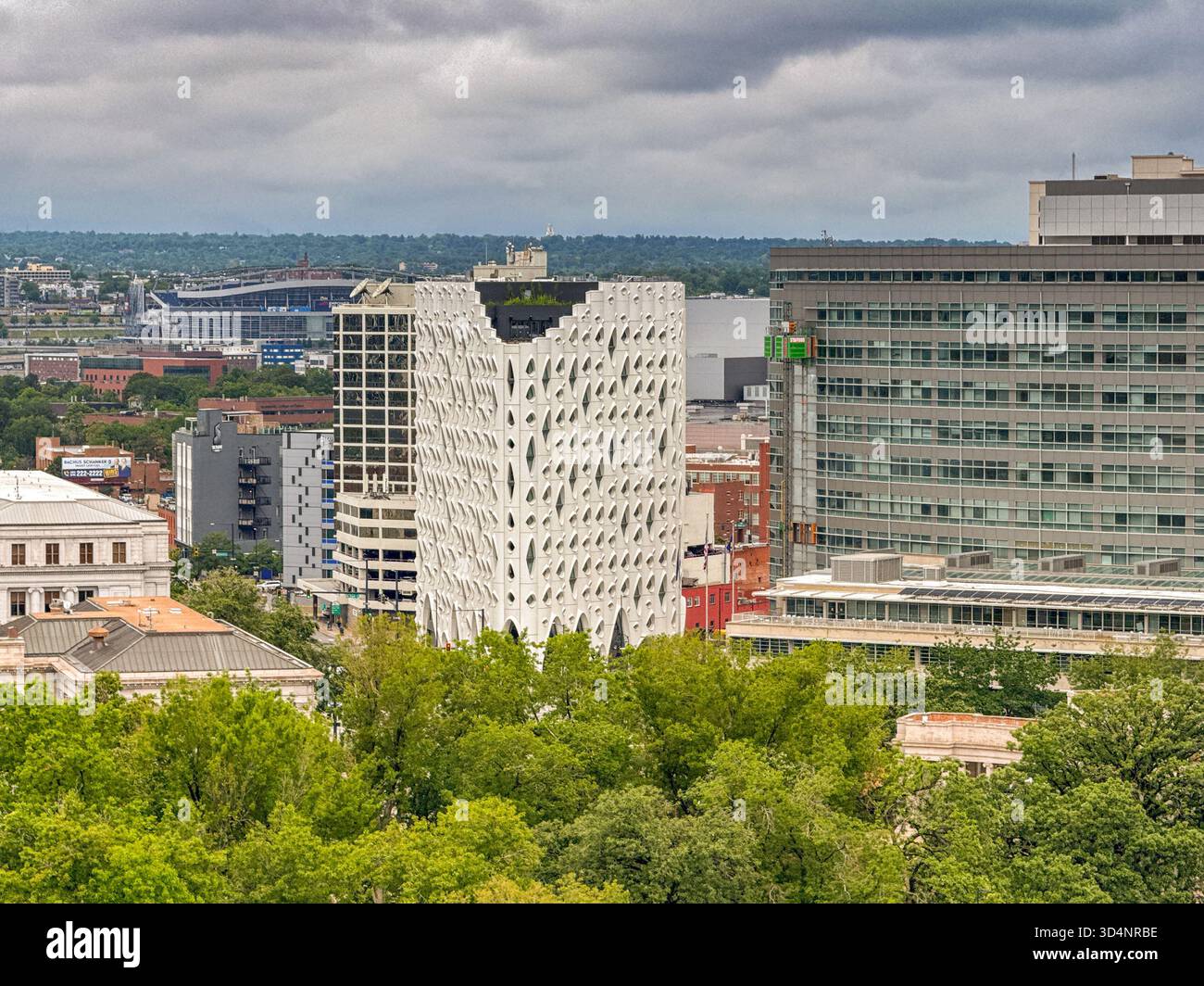 Denver, Colorado, USA - 2 June 2025: front exterior view of the Populus Hotel in downtown Denver. The design has been compared to that of a cheese gra - Smartphone Captured Stock Image