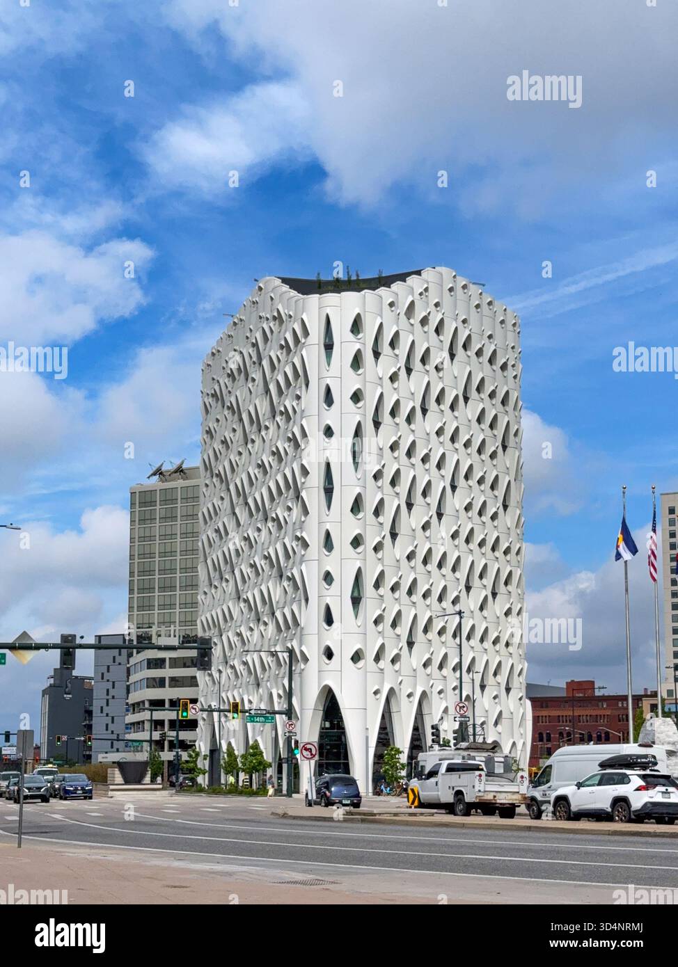 Denver, Colorado, USA - 2 June 2025: front exterior view of the Populus Hotel in downtown Denver. The design has been compared to that of a cheese gra - Smartphone Captured Stock Image