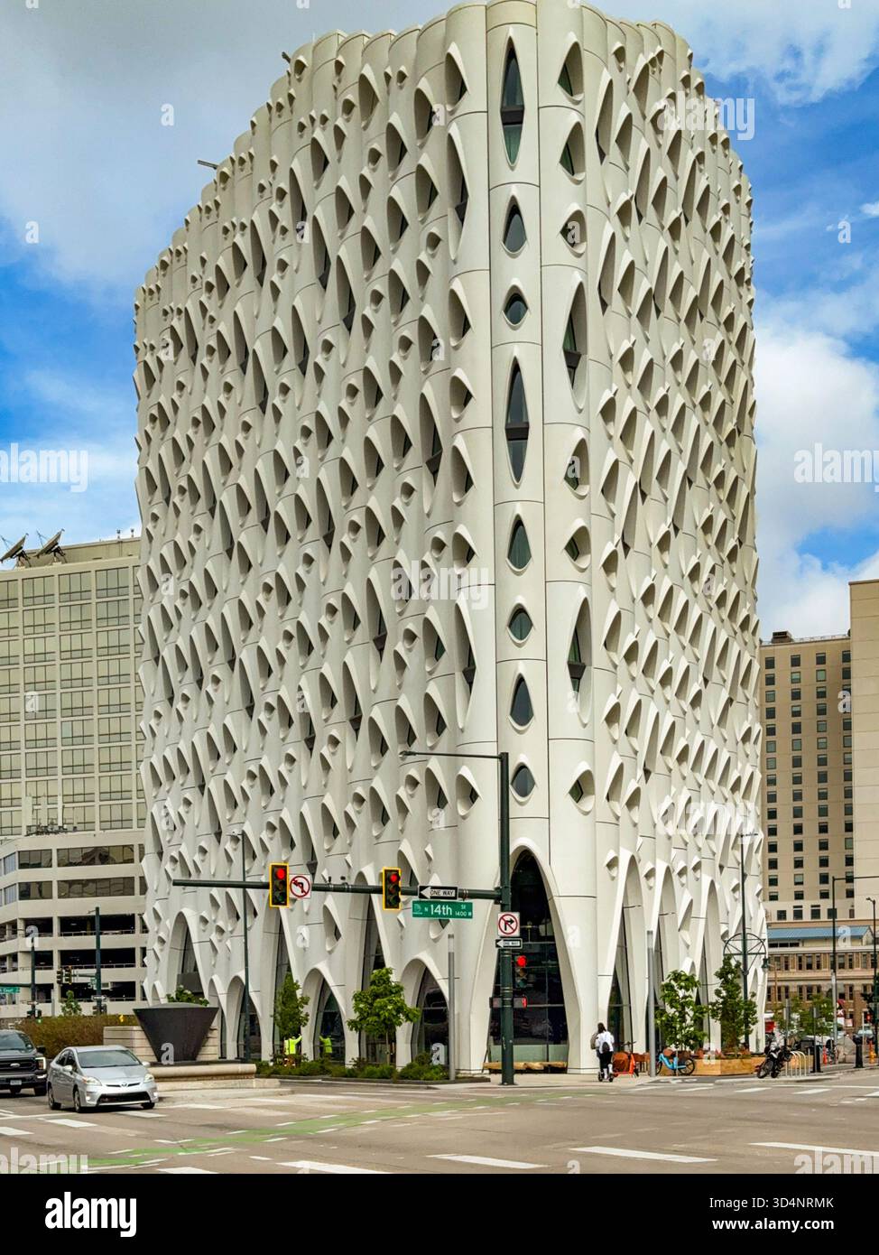 Denver, Colorado, USA - 2 June 2025: front exterior view of the Populus Hotel in downtown Denver. The design has been compared to that of a cheese gra - Smartphone Captured Stock Image