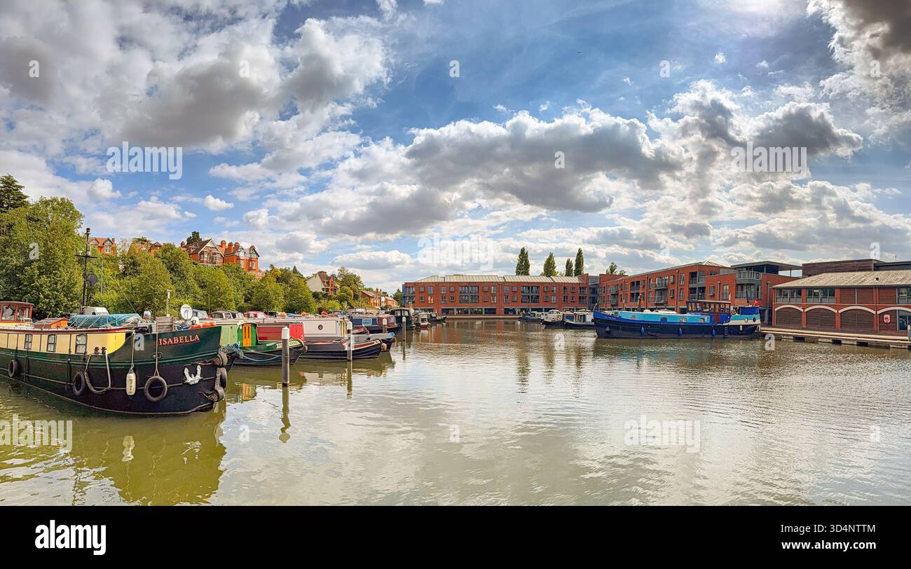 Worcester, Worcestershire, England, UK - 24 August 2025: Panoramic view of narrow boats moored in the canal basin at Worcester on the Worcester and Bi - Smartphone Captured Stock Image