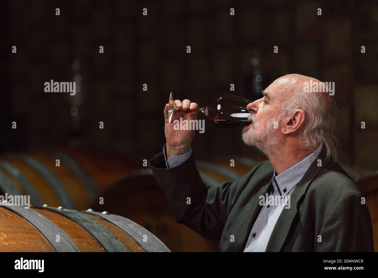 A man savors a glass of red wine, surrounded by wooden barrels in a cozy winery, enjoying the rich flavors. Stock Photo