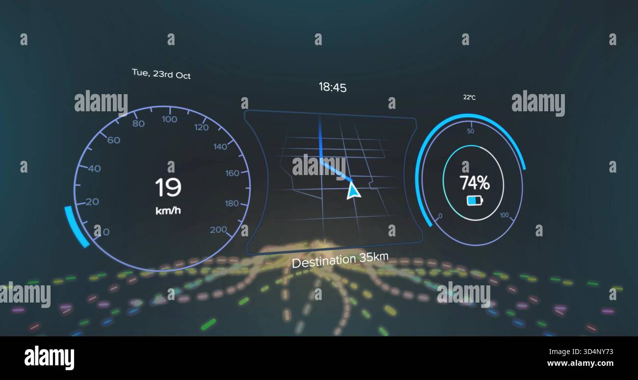 Projecting digital vehicle HUD showing navigation route inside cockpit ...