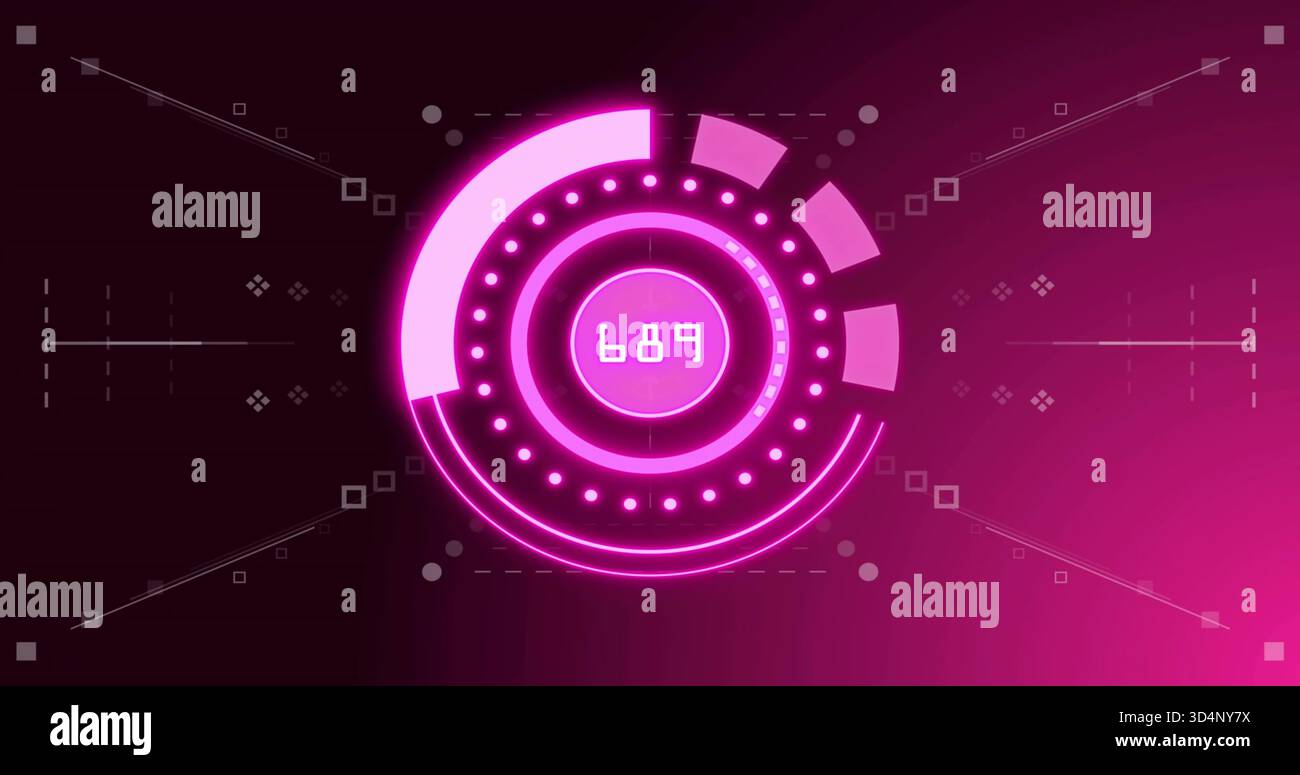 Animating neon circular HUD displaying numeric readout 689 on UI, pulsing concentric dotted ring Stock Photo