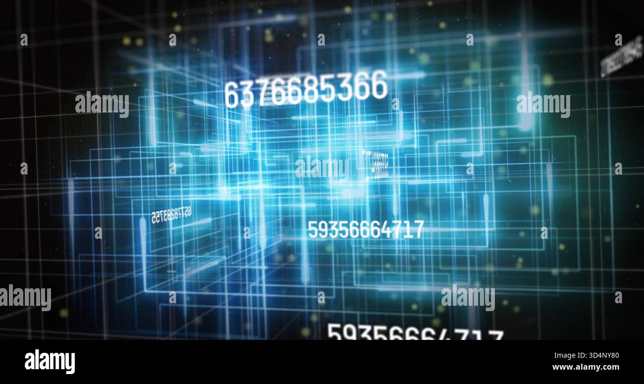 Displaying glowing cyan wireframe cluster pulsing in 3D data space, with numeric string 6376685366 Stock Photo
