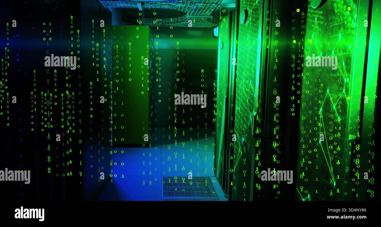 Glowing server racks showing cascading green binary overlay in data center, LEDs, vent, copy space Stock Photo