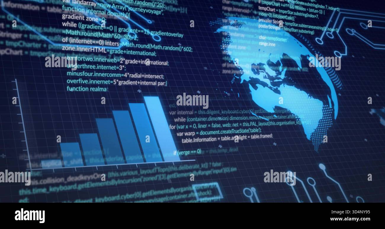 Displaying analytics dashboard projecting data flow on dark grid backdrop, with globe, bars, code Stock Photo