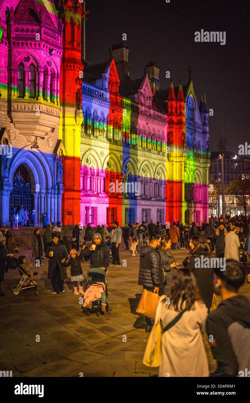 Bradford Town Hall illuminated as part of the Bradford is Lit Event. Stock Photo
