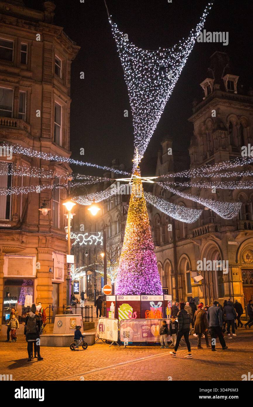 Bradford, West Yorkshire, England, UK. Christmas Decorations at night in the City Centre. Stock Photo
