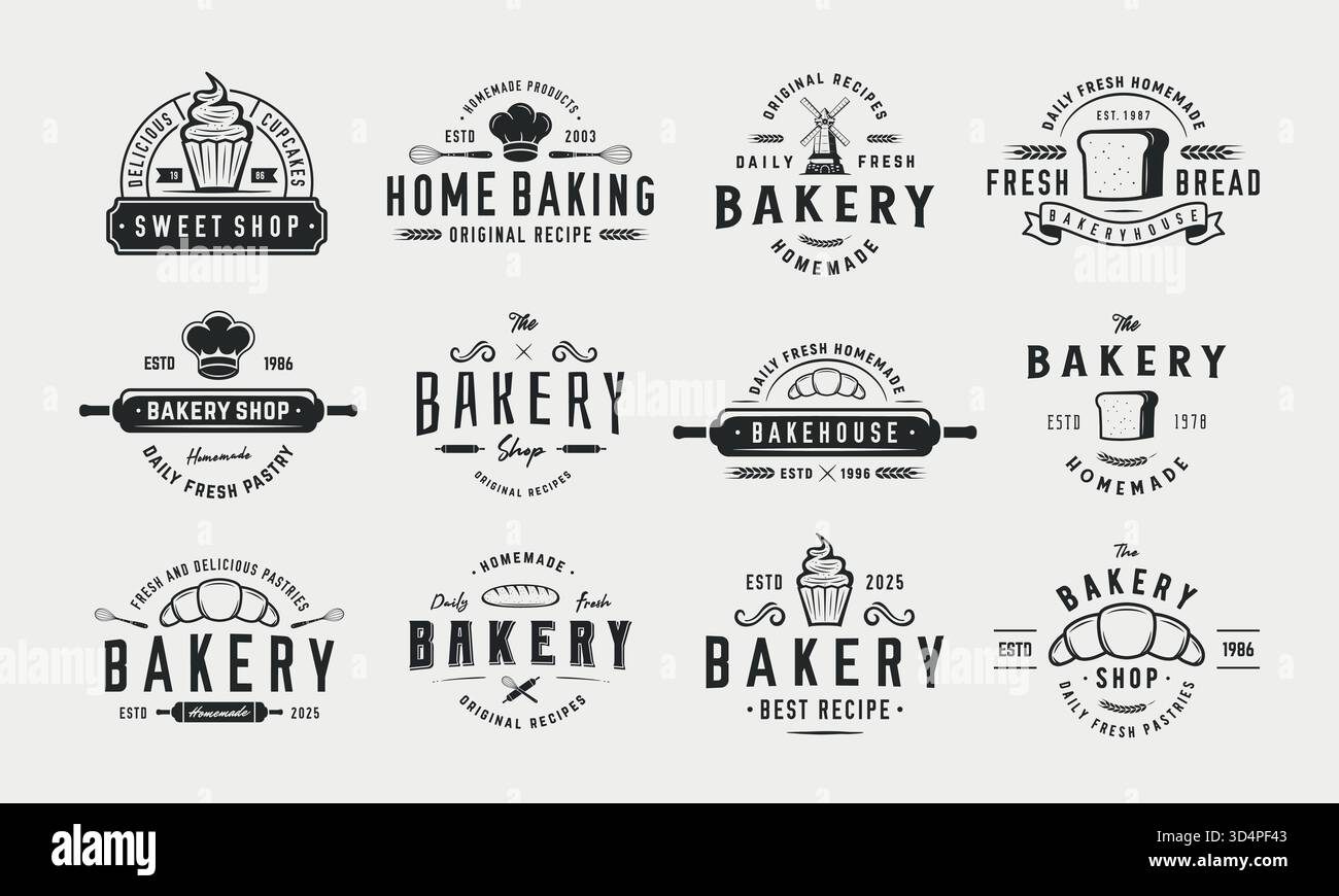 Bakery, Pastry shop logo set. 12 bakery emblems, labels, badges. Baking ...