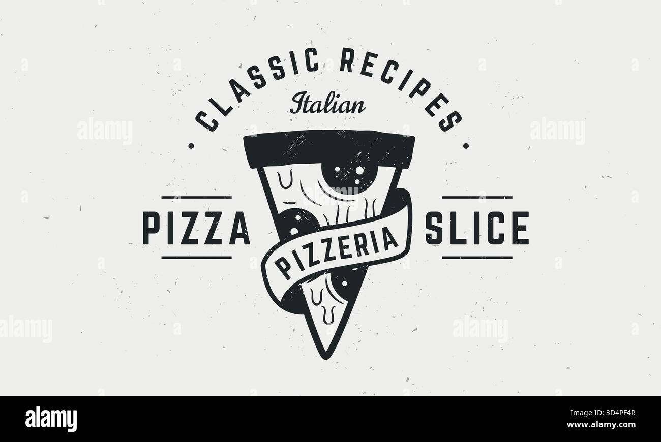 Pizza logo. Vintage pizza logo, poster with pizza slice and ribbon ...