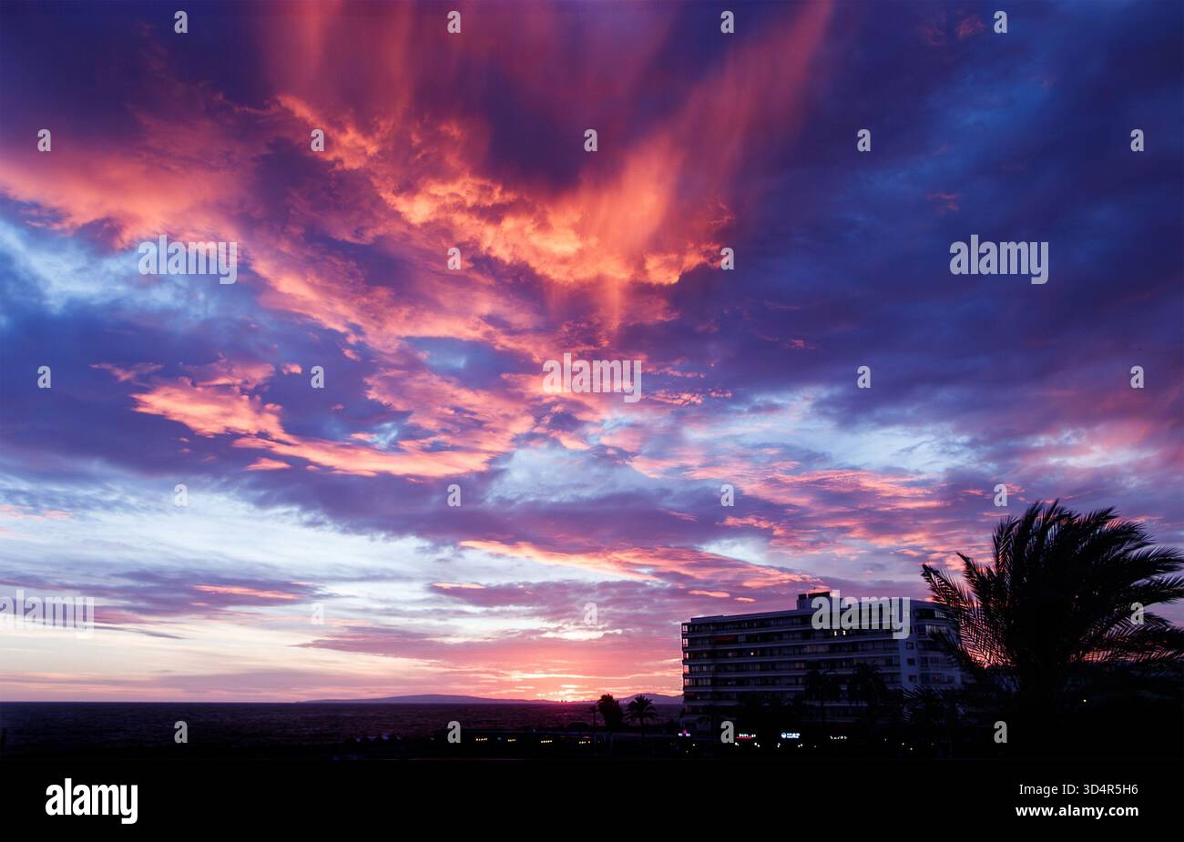 Dramatic vibrant sunset sky with purple and orange clouds over a modern beachfront hotel and silhouetted palm tree can pastilla mallorca spain Stock Photo