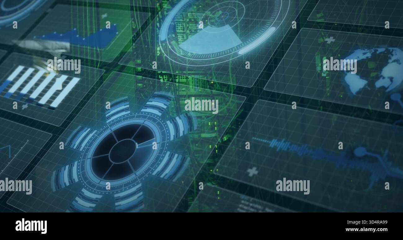 Showing large round blue HUD pulsing on virtual dash, panels, graphs, globe, green code-streams Stock Photo