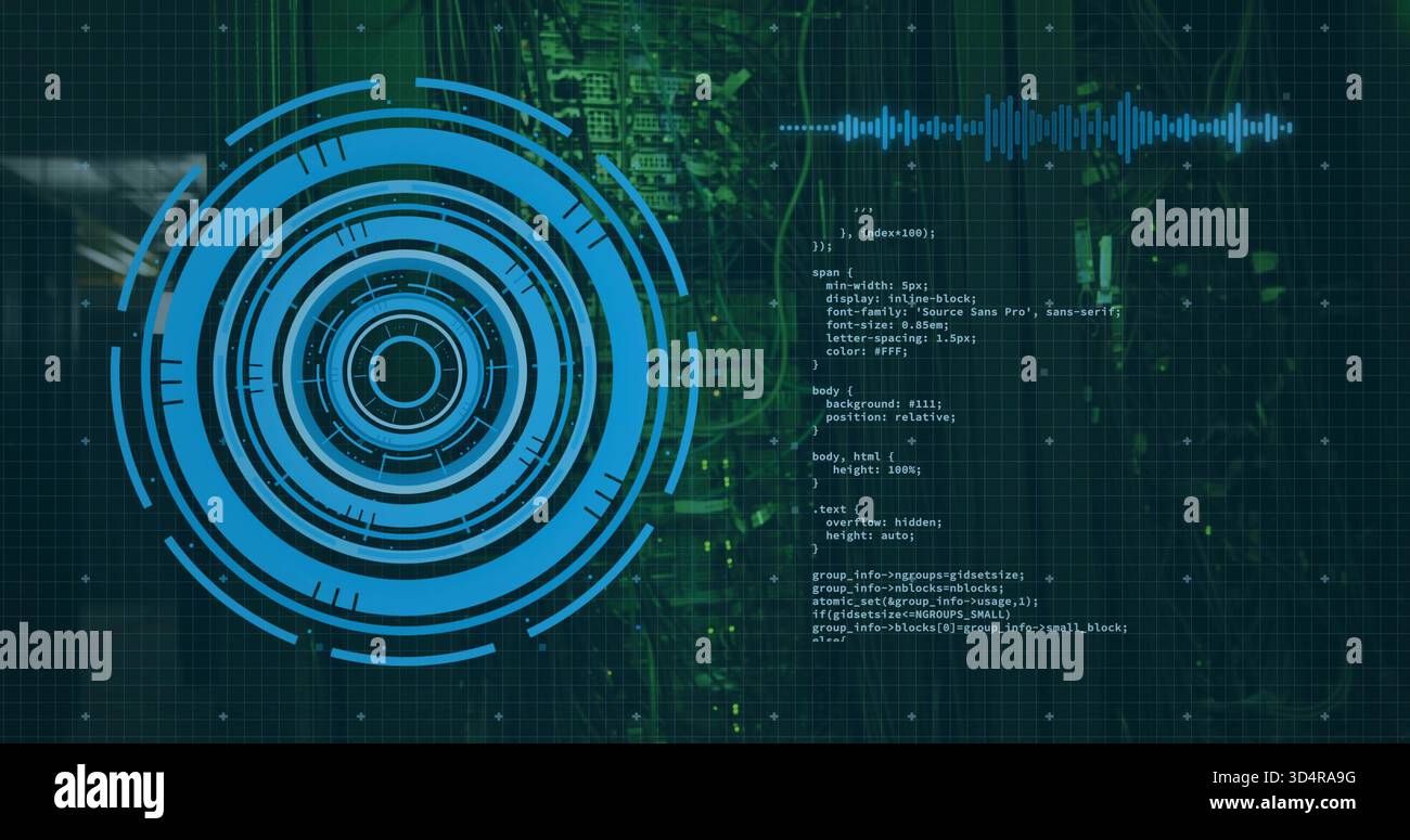 Displaying blue concentric HUD graphic scanning left side screen, with cyan waveform and white code Stock Photo