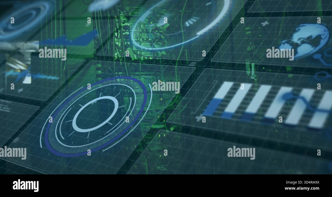 Displaying holographic data panels in 3D command hub, showing radar HUD, chart, globe Stock Photo