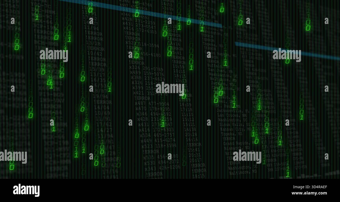 Cascading vertical green binary digits streaming down terminal with grey code columns and cyan line Stock Photo