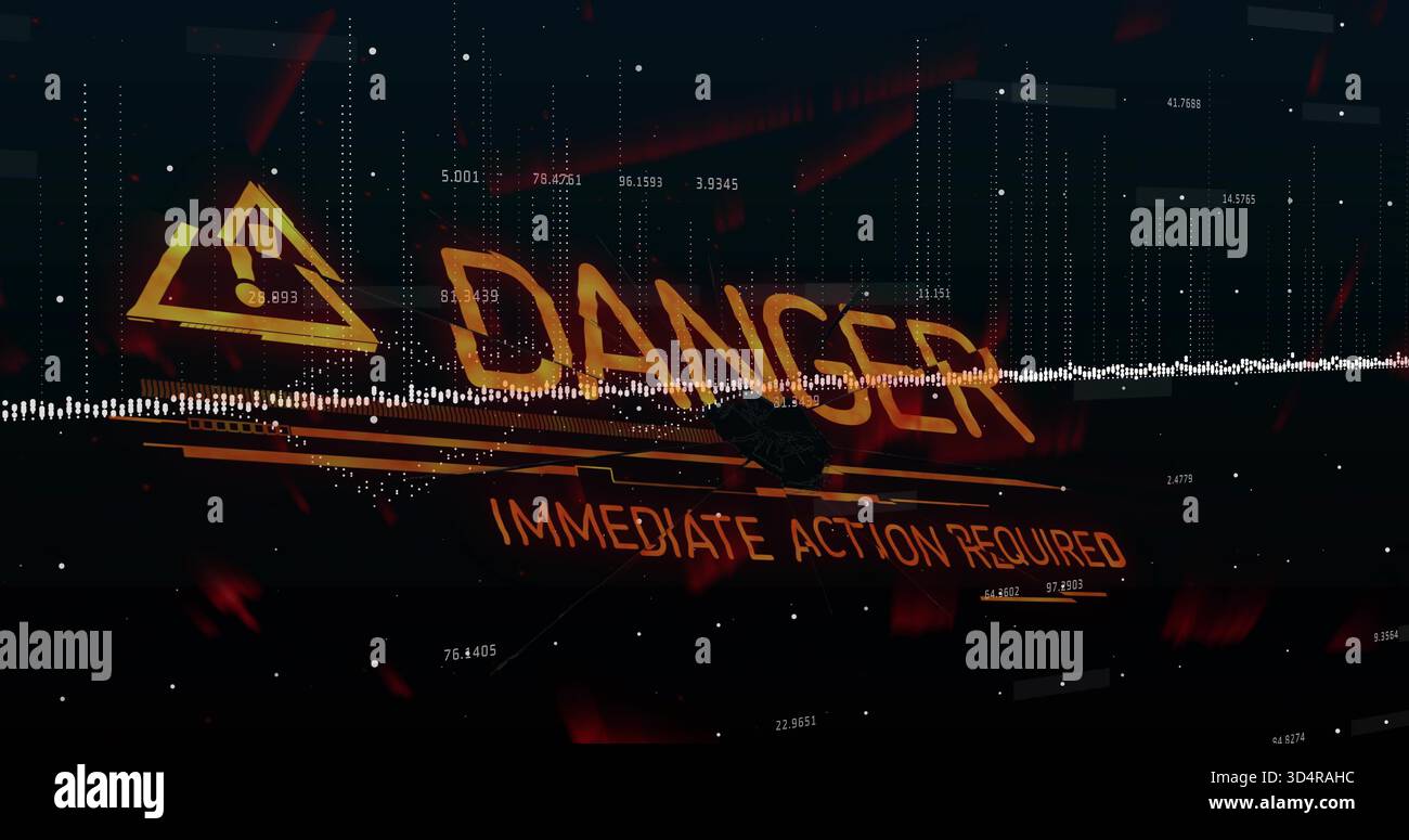 Displaying large glowing DANGER graphic on HUD, showing triangular hazard icon and waveform Stock Photo