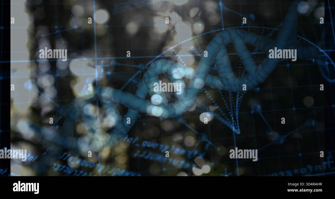 Glowing blue DNA helix spanning across blurred forest backdrop, showing grid, code fragments Stock Photo