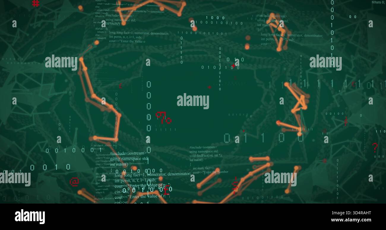 Displaying central dark void pulsing within orange node chains in data interface, streaming bits Stock Photo