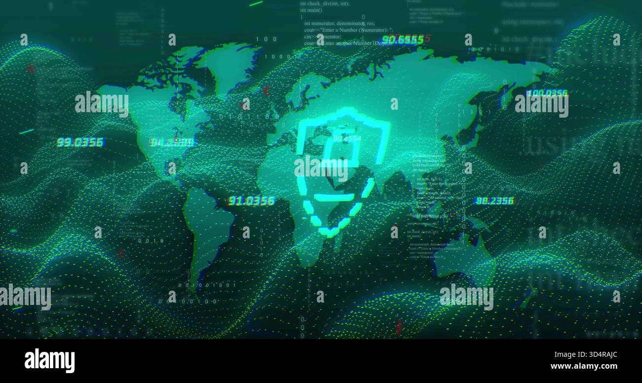 Floating neon teal padlock hovering on dotted world map, streaming data and numeric labels Stock Photo