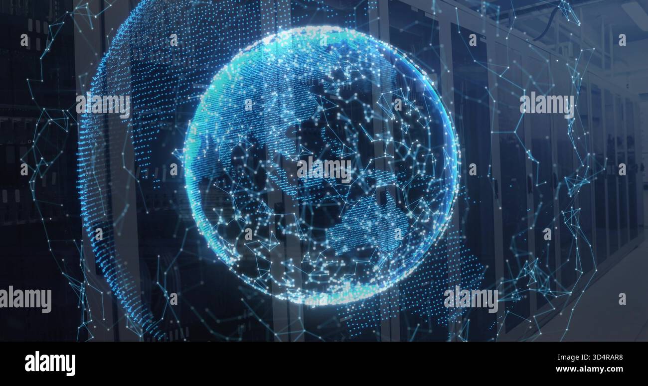 Floating holographic globe projecting blue node mesh in data center aisle, with server racks Stock Photo