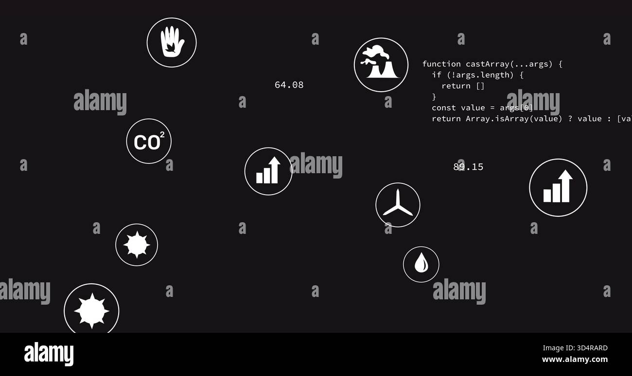 Displaying circular icons showing CO?, factory, wind turbine on black ...