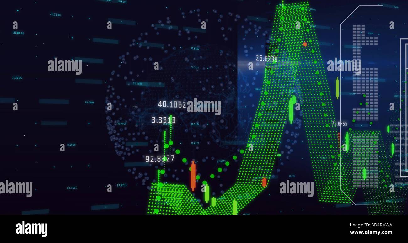 Showing finance chart featuring green dotted 3D curve on virtual ...