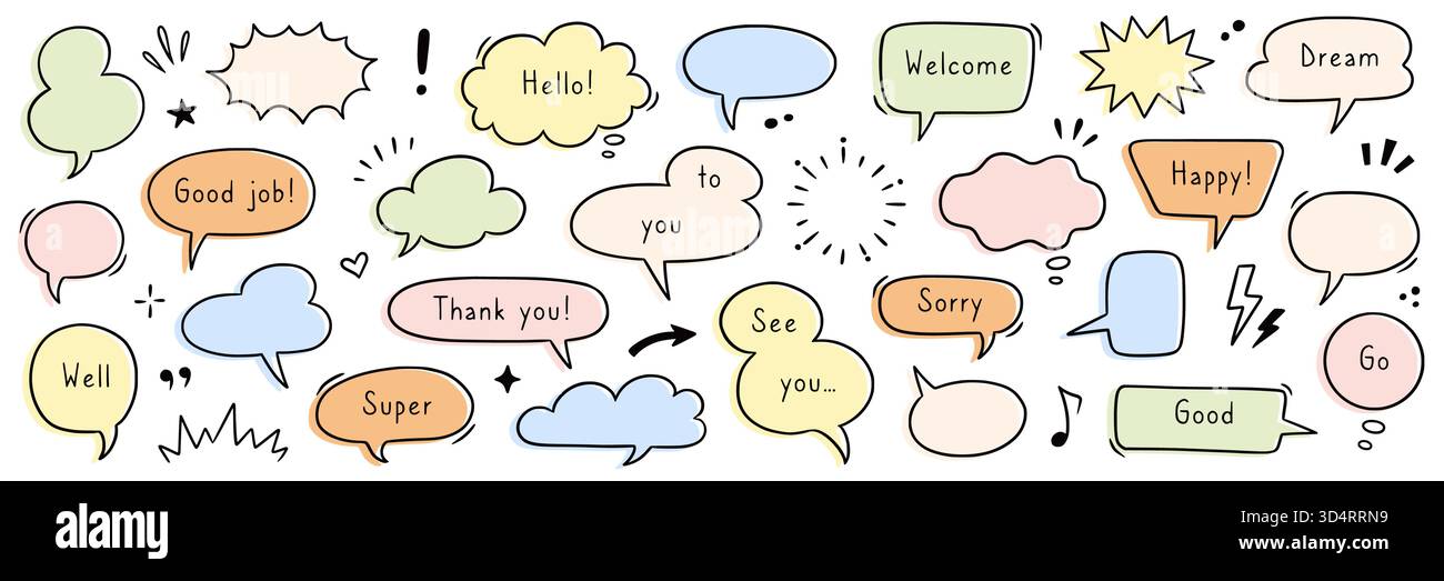 Speech bubble hand drawn set. Hand drawn comic doodle style think ...