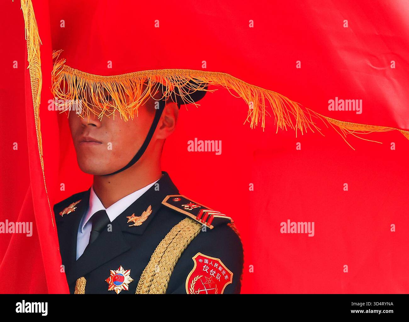 A member of Chinese People's Liberation Army (PLA) honour guard holds a ...