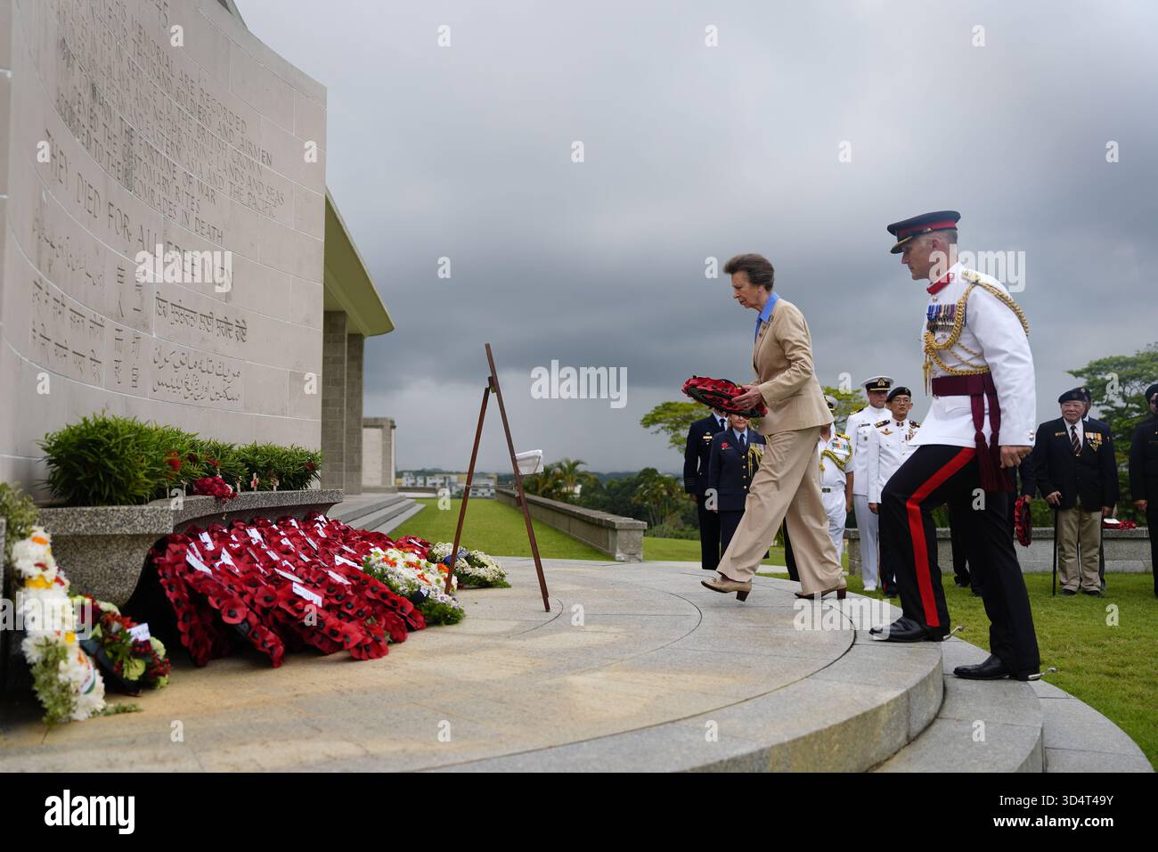The Princess Royal, President of the Commonwealth War Graves Commission (CWGC), and Vice Admiral Sir Tim Laurence, lays a wreath during Service of Remembrance at the Kranji War Cemetery, as part of the two-day visit to Singapore to mark 60 years of diplomatic relations between the UK and Singapore. Picture date: Wednesday November 12, 2025. Stock Photo