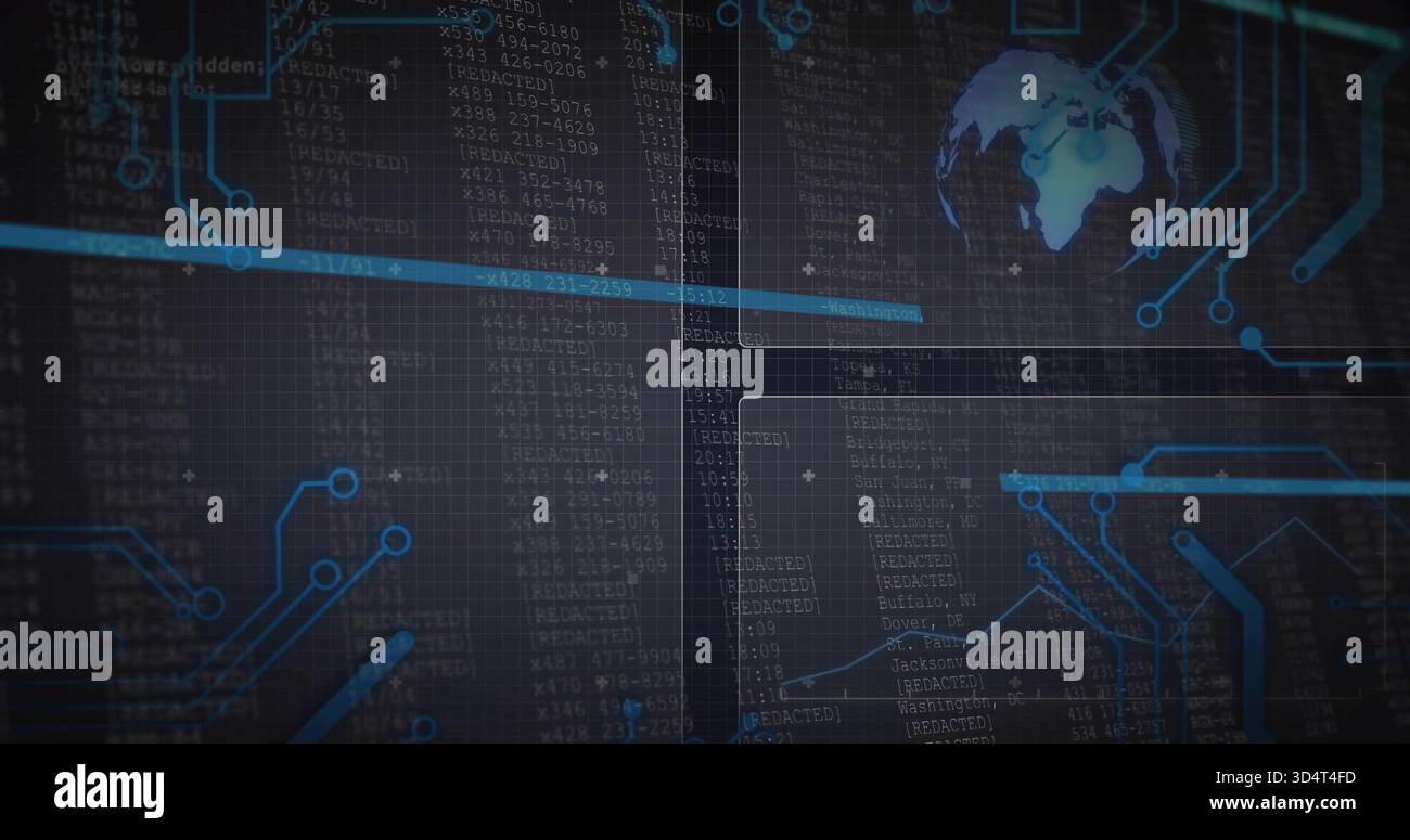 Displaying interface with code panels and glowing circuit traces over dark grid, showing globe icon Stock Photo