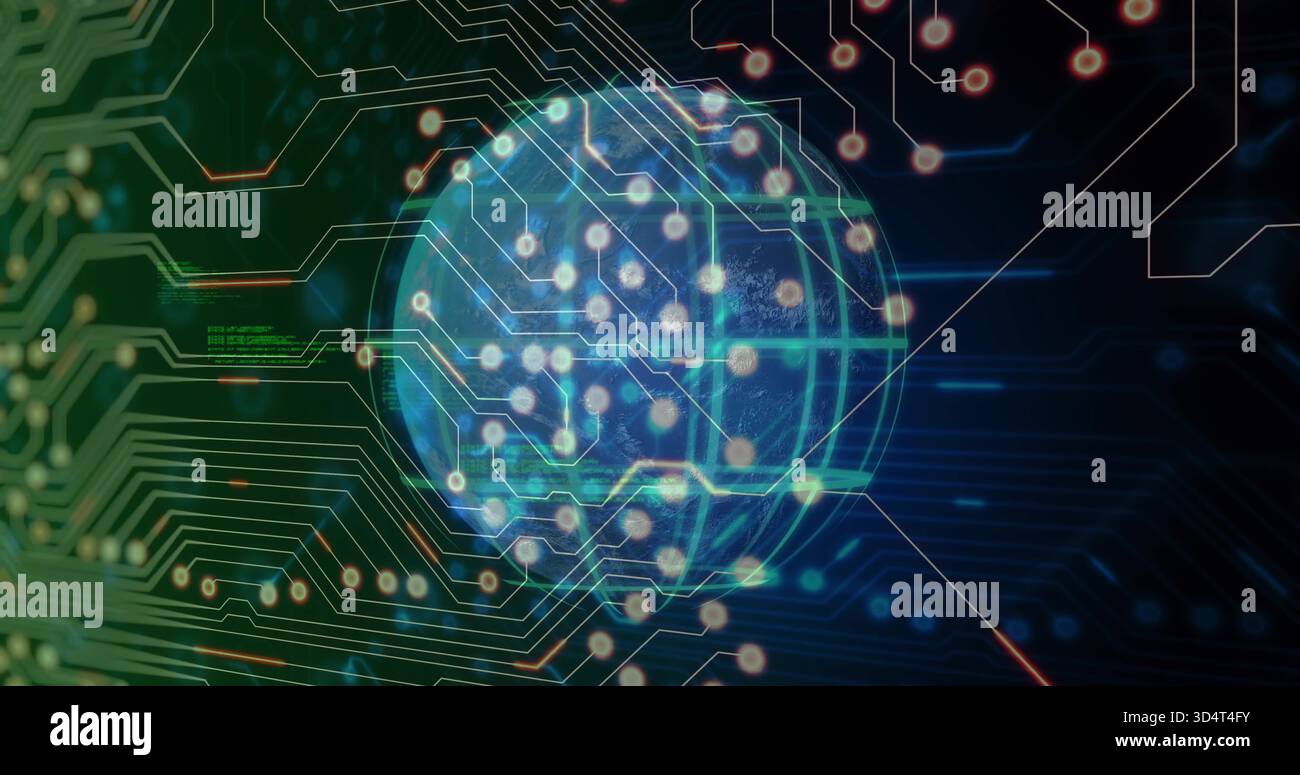 Pulsing translucent globe showing grid and circuit traces in virtual interface, with glowing nodes Stock Photo