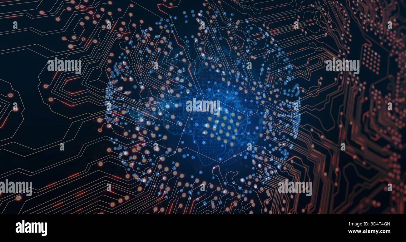 Pulsing data core hexagonal node cluster radiating signals across PCB ...