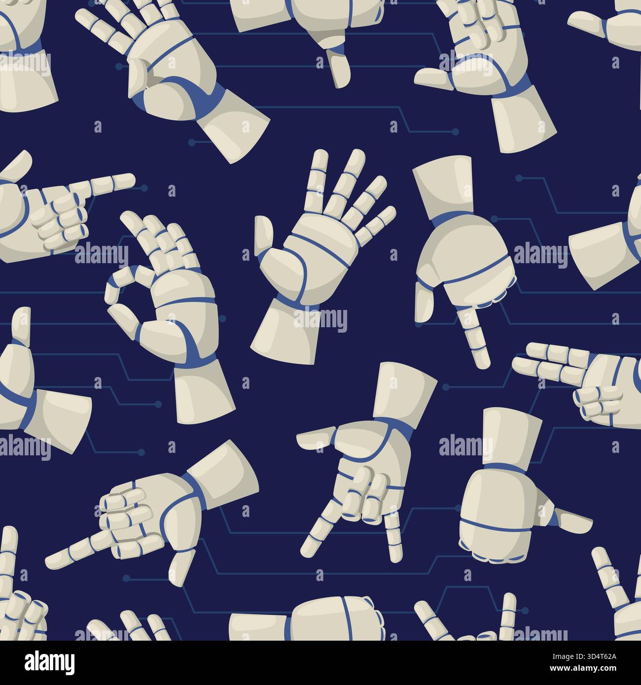 Robotic arms or prostheses with different gestures. Bionic hands seamless pattern. Artificial intelligence technology. Automatic electronic palms. Rep Stock Vector