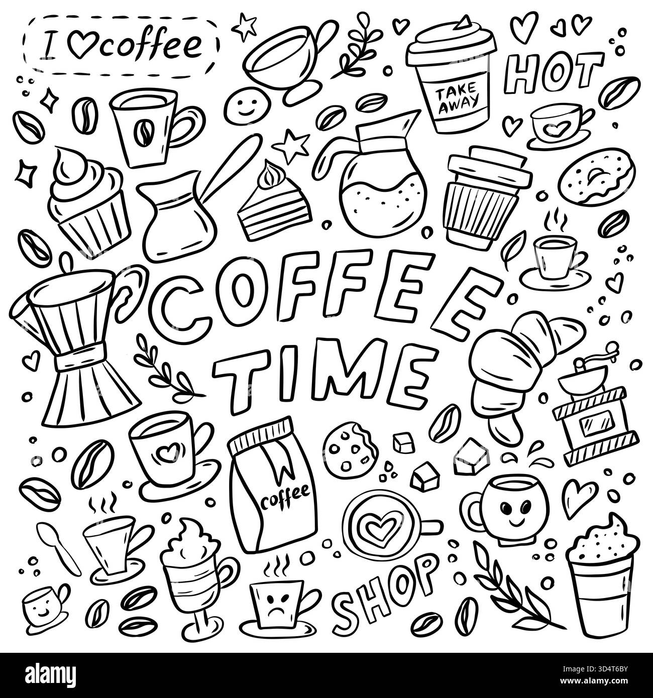 Hand drawn coffee time doodle set with cups and beans Stock Vector ...