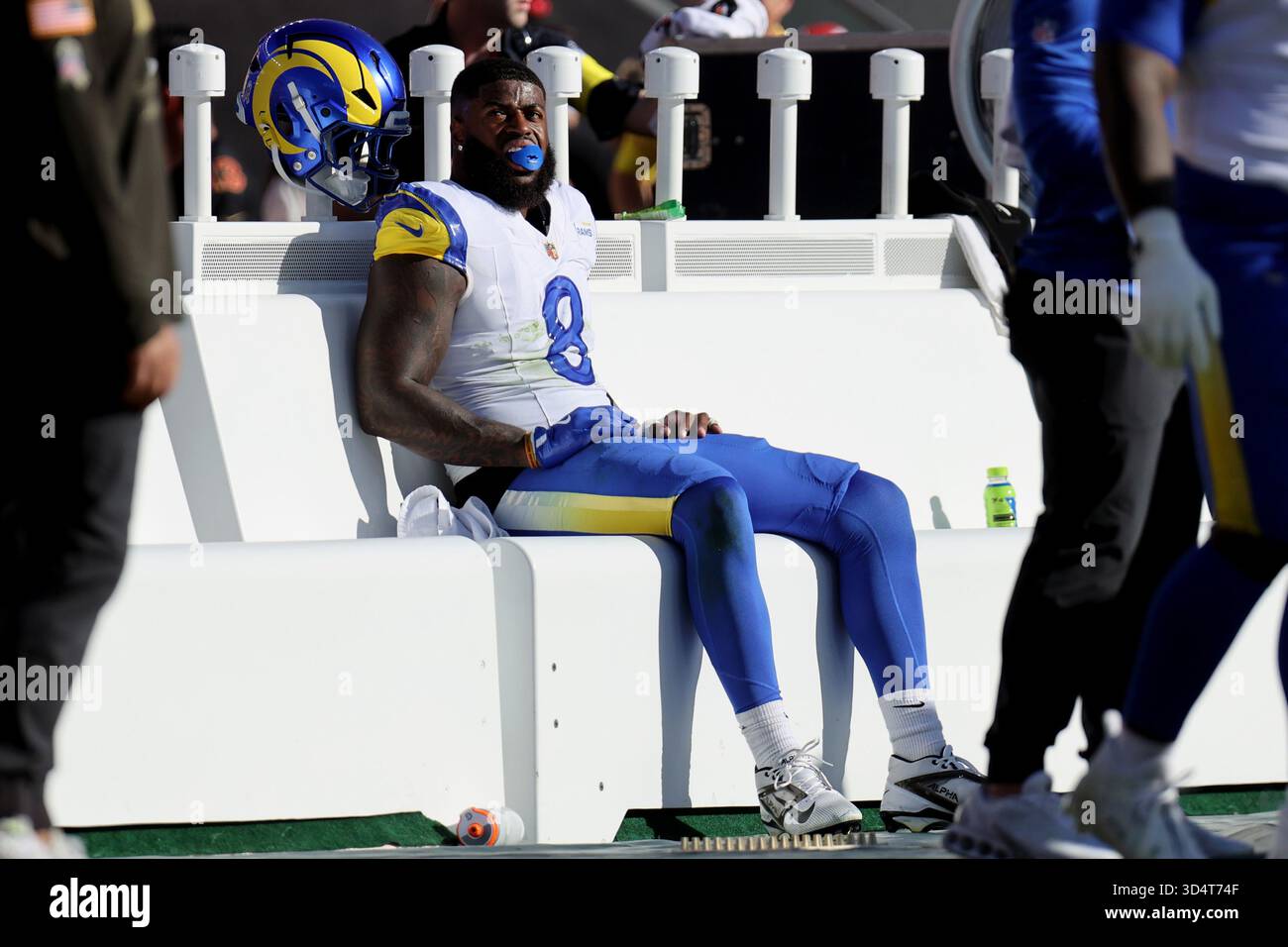 Los Angeles Rams linebacker Jared Verse (8) sits on the sideline during ...