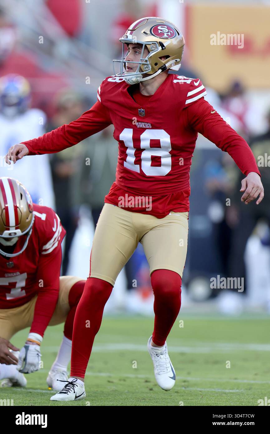 San Francisco 49ers kicker Eddy Piñeiro (18) kicks during an NFL
