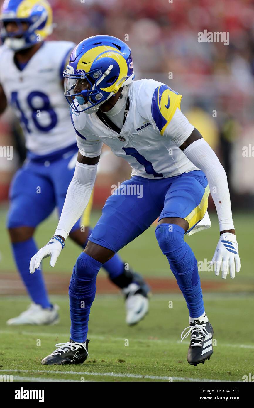 Emmanuel Forbes Back Rams Los Angeles Rams cornerback Emmanuel Forbes Jr. (1) defends during an ...
