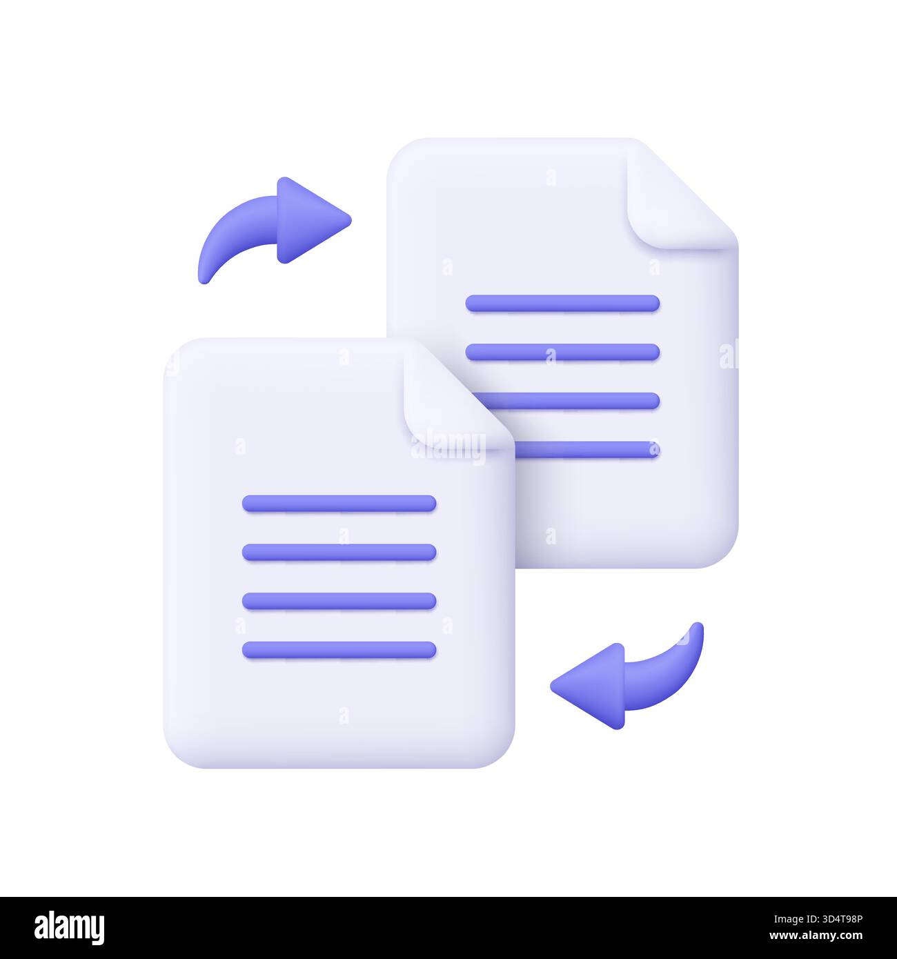 Two white documents with purple rounded arrows. File transfer, data exchange, sharing, synchronization, backup and document transfer concept. 3d vecto Stock Vector