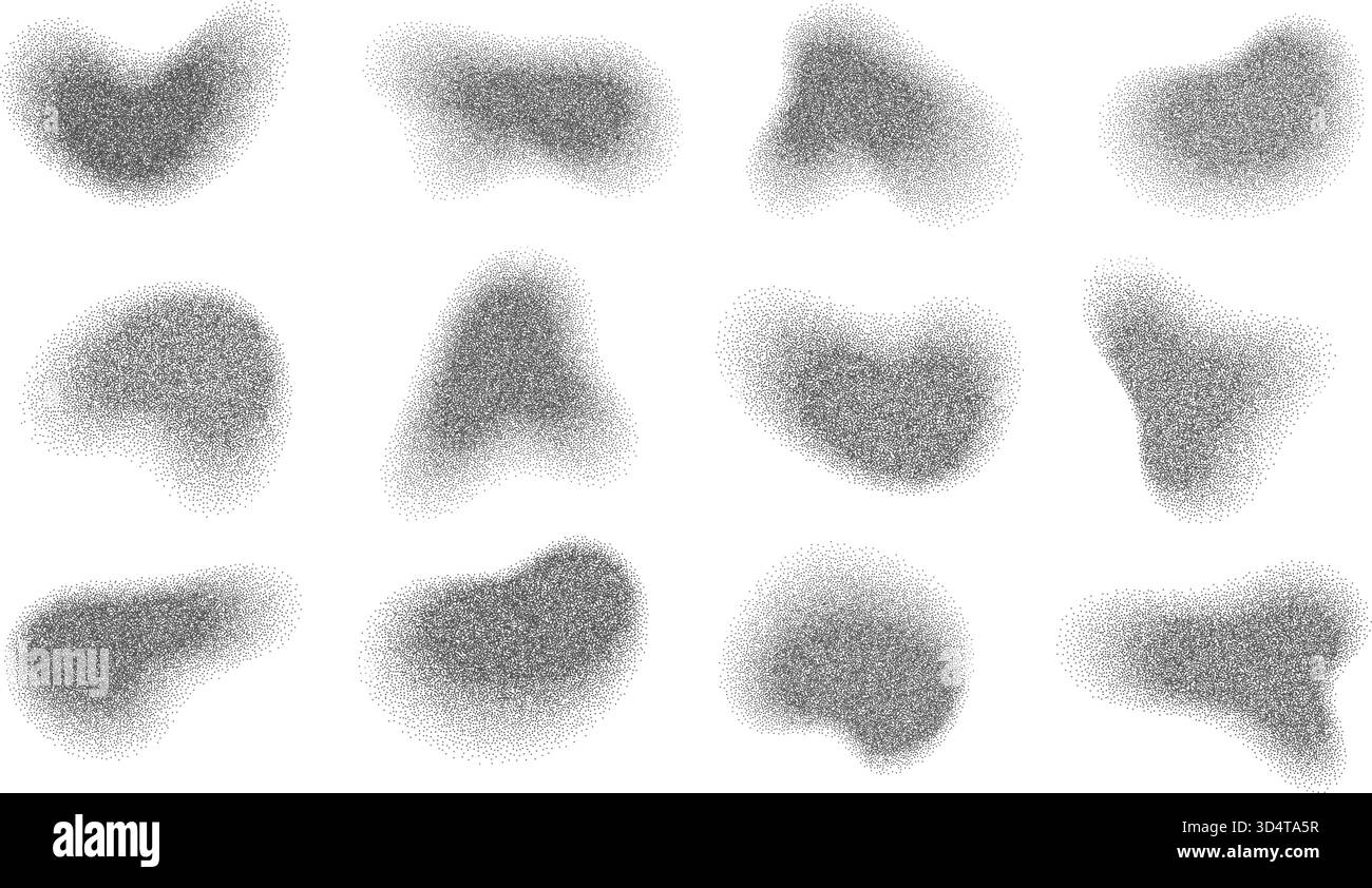 Stippled irregular shapes noise grain effect gradient texture set. Stock Vector