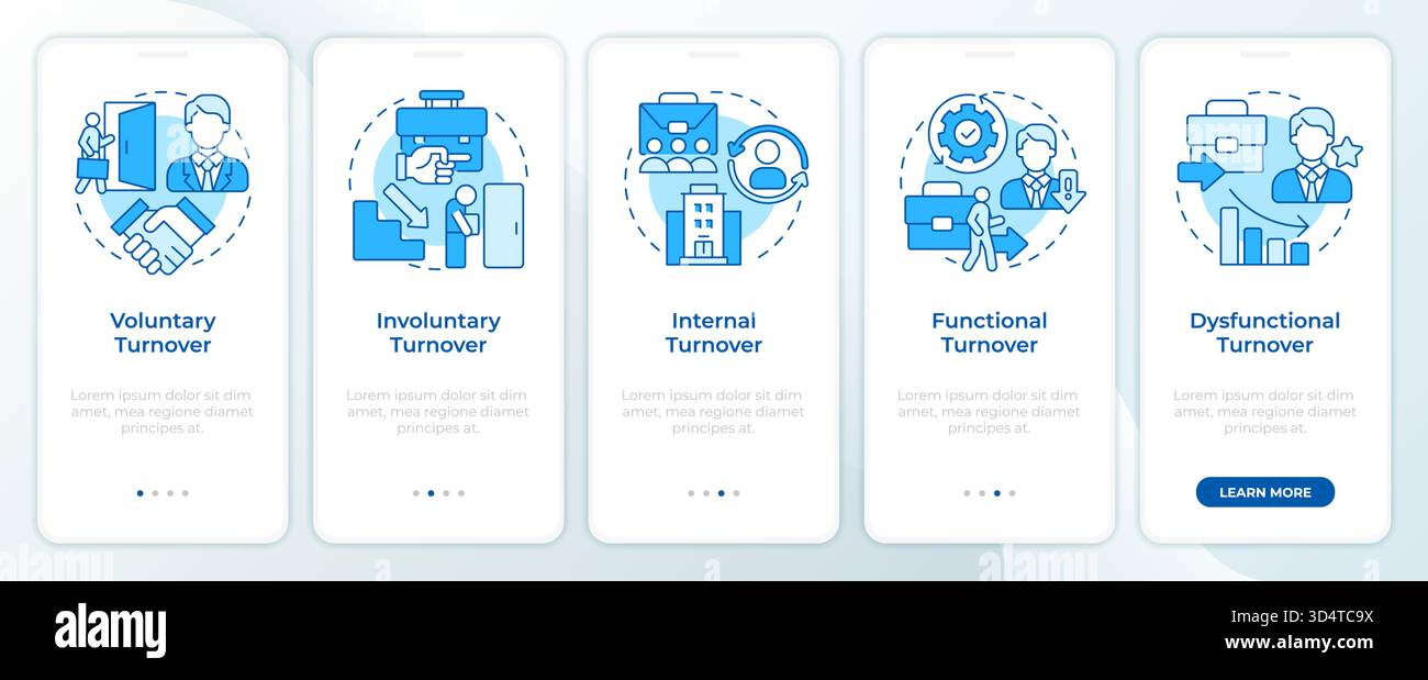 Types of employee turnover blue onboarding mobile app screen Stock ...
